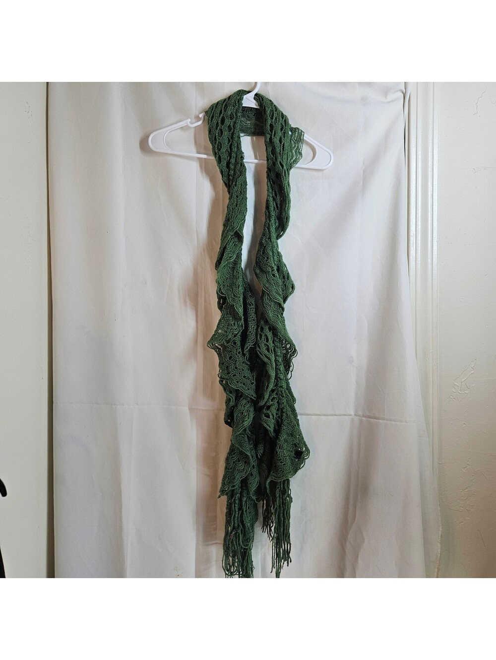 Green Crochet Lace Scarf with Fringe Detail